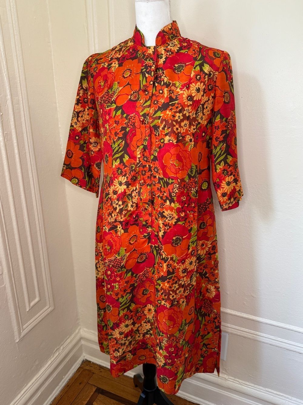 1970s Jamos Imports Beatles Flower Power Fall Colored Floral Motif Silk Midi Dre